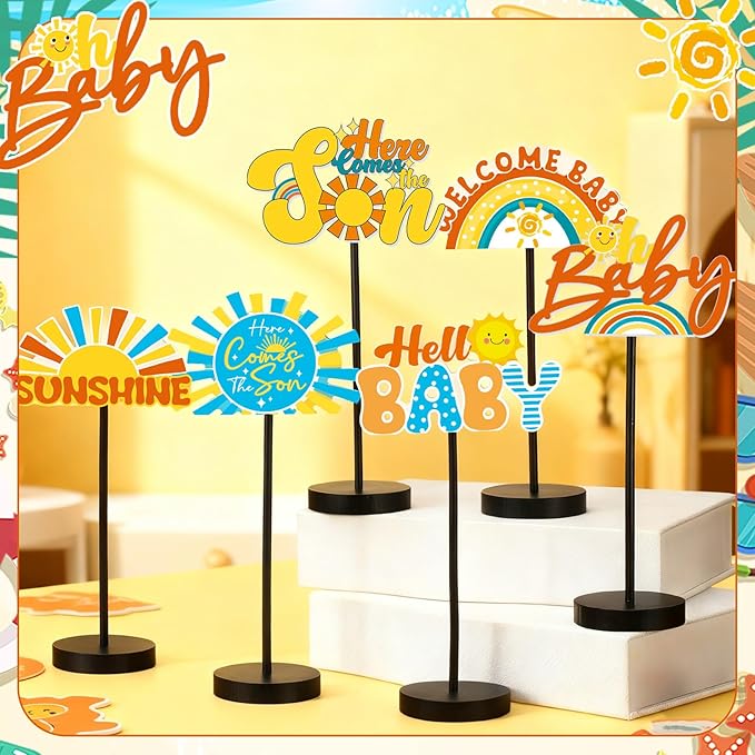 6 Pcs Here Comes the Son Baby Shower Table Decor Here Comes the Son Decoration for Table Centerpieces Baby Shower Wooden Standing Signs Tabletop Decor for Home Room Desk Party Supplies
