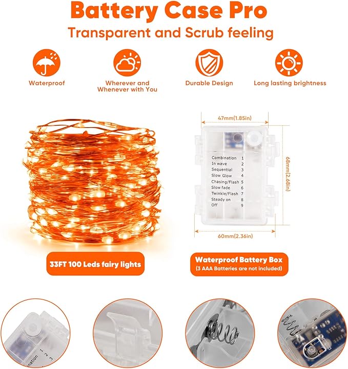 Ariceleo 2 Pack 32.8 Ft. Battery Operated Outdoor String Lights with Remote & Timer, LED Orange Fairy Lights, Waterproof Twinkle Lights for Bedroom, Dorm, Mason Jar, Wedding, Party, Christmas