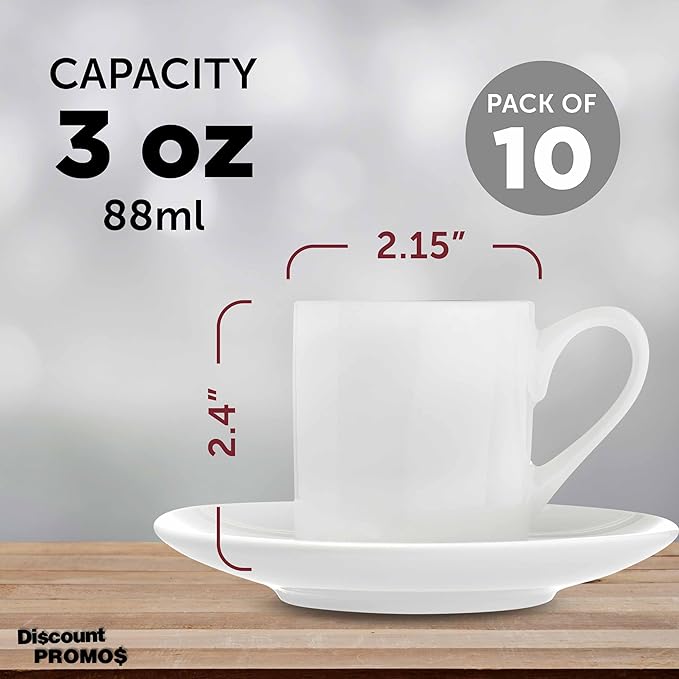 DISCOUNT PROMOS Espresso Cups with Saucers 3 oz. Set of 10 - Practical, Porcelain, Coffee Shops - White