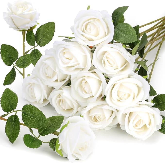 Roses Artificial Flowers, Silk Roses with Stems for Wedding Bridal Bouquets, Valentine Anniversary Mother's Day Get Well Hostess Housewarming Gifts, Indoor Outdoor Decor Party Centerpiece (12, White)