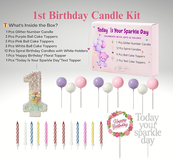 by Tugba Aydan - 1 Number Birthday Candles – 24 Piece Cake Decoration Kit with Number Candle – Party Supplies for Kids’ First Birthday Celebration