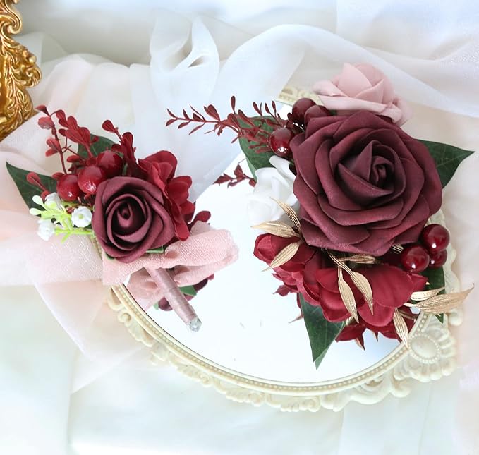 2Pcs Wedding Corsage and Boutonniere Set Burgundy Rose Corsage Wristlet and Boutonniere for Men Women Groom Bride Bridesmaid Groomsmen Wedding Party Accessory Prom Decoration (Burgundy)