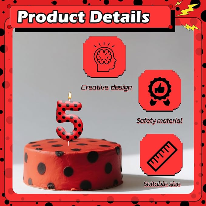 Ladybug Theme Birthday Candles - Red & Black Polka Dot Decorative Candles for Kids Ladybug Themed Parties, Baby Showers, Birthday Cakes, and Ladybird Inspired Celebrations(Number 5)