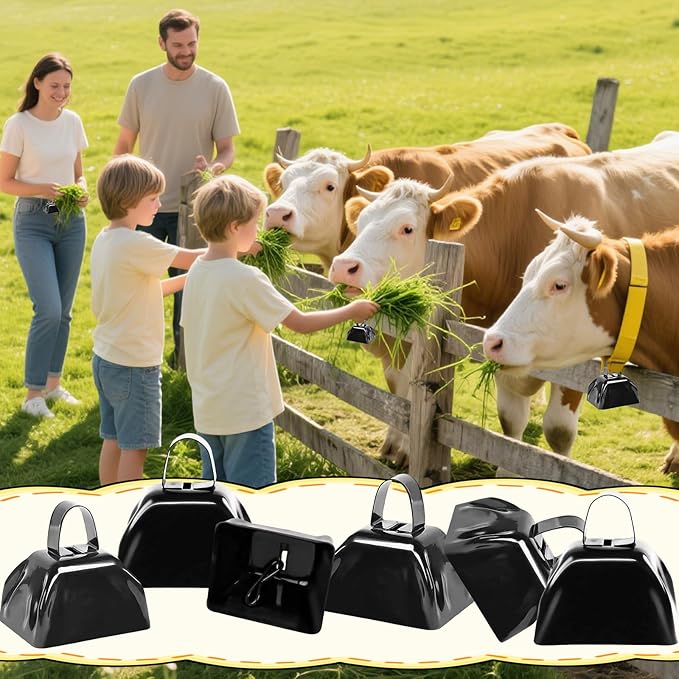 6PCS Metal Cow Bells Noisemakers, 3 Inch Loud Cow Bell Noise Makers for Sporting Events Party Favors with Handles, Great for Football Competitions, Sports Games, Celebration Parties (Black)