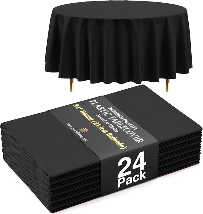 Exquisite 66% Thicker Premium Black Round Tablecloth 0.5 Mil 24 Pack Plastic Table Cloth Disposable 84 Inch Round Plastic Tablecloth Won't Tear Easily Like Cheap Thin Brands