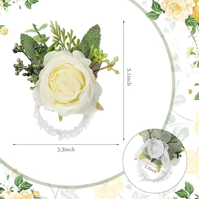 Jexine 12 Pcs Rose Wrist Corsage Bracelets Wedding Bridal Wrist Artificial Flower Wristband Flower Hand Decor for Bride Bridesmaid Homecoming Prom Party Decor(White Elegant)