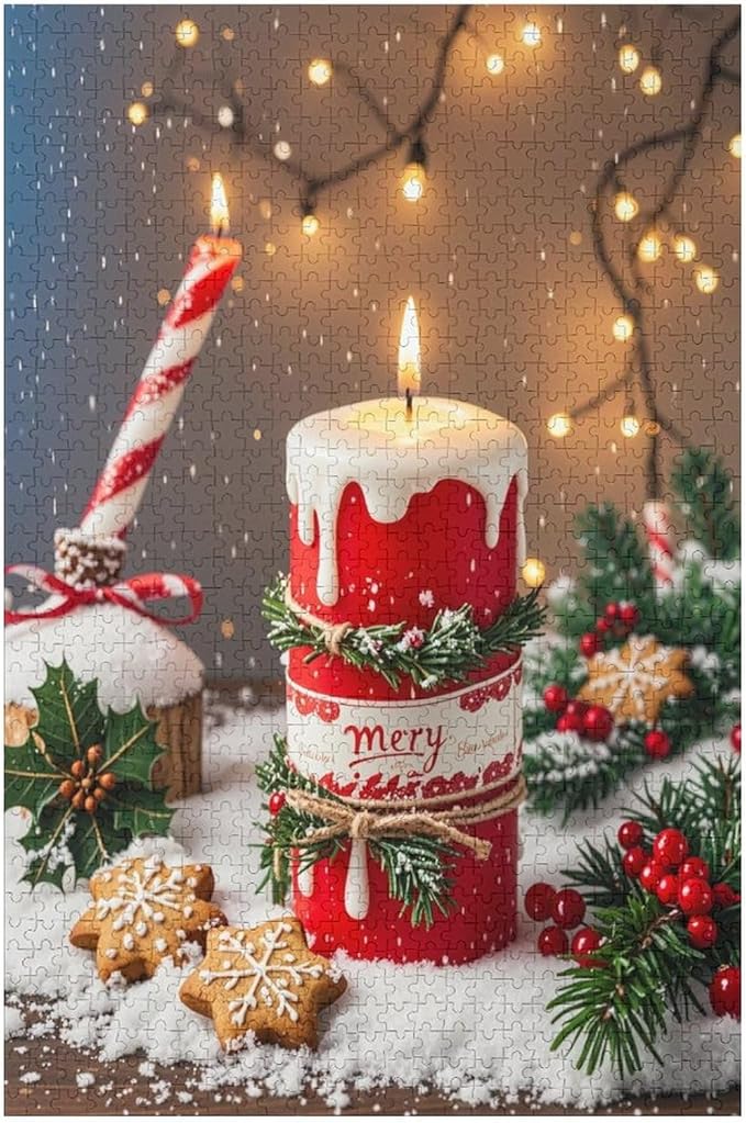 Jigsaw Puzzles for Adults 1000 Piece - Merry Christmas，Christmas Candles Wooden Puzzle，Stress Relief Games，Funny Puzzle，Unique Gifts for Wall Art ，Family Puzzles，Educational Games，Challenge Puzzles
