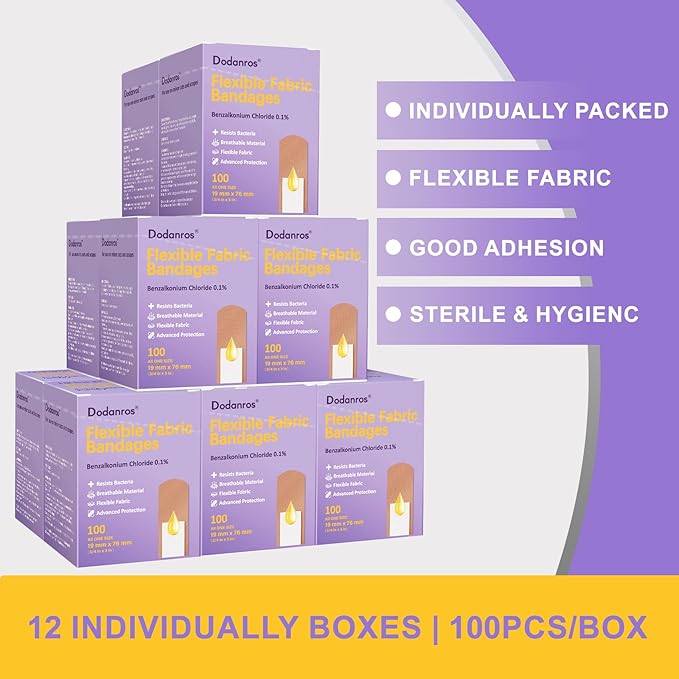 Bulk Case of 1200 PCS Flexible Fabric Bandages, 3/4" x 3",Individual 12 Box Packaging,Include 0.1%Benzalkonium,Sterile, Breathable | Use for School, Hospital, Businesses, and First Aid Kits.