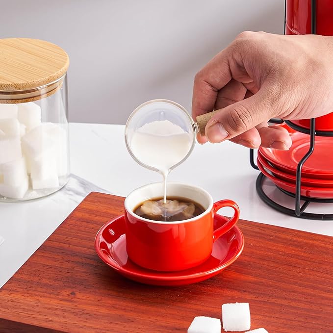 2.5oz Espresso Cups Set of 4, Porcelain Stackable Espresso Cups with Saucers and Metal Stand Set, Red Expresso Shots Cup Set for Cappuccino, Coffee Drinks, Latte, Tea