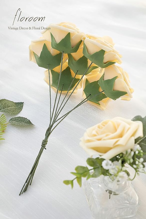 Floroom Artificial Flowers 25pcs Real Looking Creamy Yellow Foam Fake Roses with Stems for DIY Wedding Bouquets Bridal Shower Centerpieces Floral Arrangements Party Tables Home Decorations