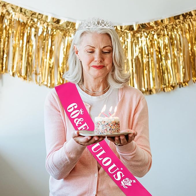 Casoty Silver 60th Birthday Sash and Tiara, 60th Birthday Decorations for Women, 60 & FABULOUS Sash and Crown Set, Party Supplies Favors for Women, Gifts for Her