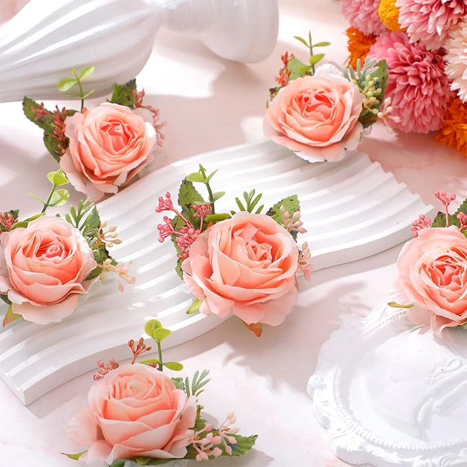 Jexine 12 Pcs Rose Wrist Corsage Bracelets Wedding Bridal Wrist Artificial Flower Wristband Flower Hand Decor for Bride Bridesmaid Homecoming Prom Party Decor(Pink Elegant)