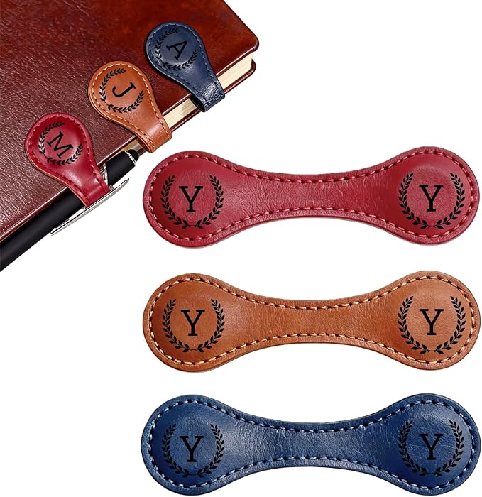 3PCS Personalized Magnetic Leather Bookmark, 26 Letters Custom Bookmarks, Customized Engraved Name Initial Book Mark for Book Lovers Readers Teachers Women Men, Y
