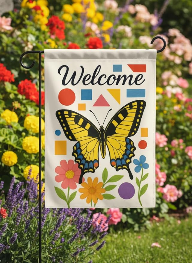 FLAGMEUP8386 Welcome Butterfly Garden Flag 12x18 Inch Double-Sided Polyester Yard Banner with Swallowtail and Geometric Flowers, Outdoor Decoration for Late Summer and Fall