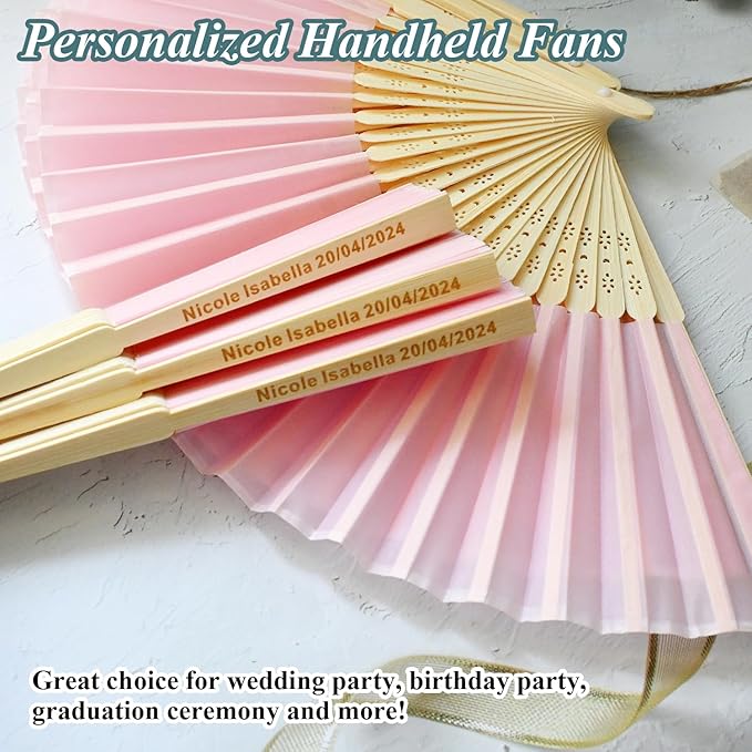 80 Pcs Personalized Pink Wedding Folding Fans for Guests, Custom Engraved Summer Wedding Fans, Folded Hand Fans for Wedding Favors, Vintage Silk Handheld Fans for Bridal Shower Decorations