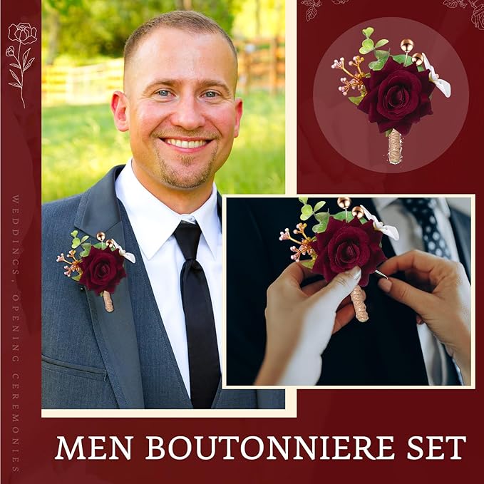 Sherr 20 Pcs Rose Wrist Corsage and Boutonnier Set Flower Wrist Corsage Wristlet Band Bracelet Wedding Bridegroom Men's Boutonniere Wristlet Hand Flower for Wedding Bouquets Supplies (Dark Red)