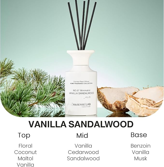 M&SENSE Reed Diffuser Set, 10.14 fl oz Large Reed Diffuser, Vanilla Sandalwood Scented with Natural Essential Oils, Long Lasting with 7 Sticks, Non-Toxic Home Fragrance Reed Diffuser for Bedroom