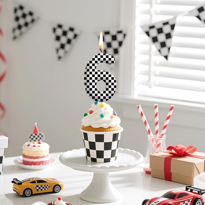 Racing Cars Number 13 Birthday Candles, Black White Checkered Flag Themed Cake Topper for Boys Girls, Cake Decorations for Birthdays, Race Car Theme Party Supplies, Candles for Party Decorations