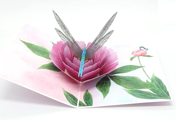 ETA 3D Flower Birthday Pop up Card, 3d Peony and Dragonfly Card for Girlfriend, Wife, Mum, Grandma, Teacher's Day, Mother Day, Anniversary, Thinking of You, Thank you, F08