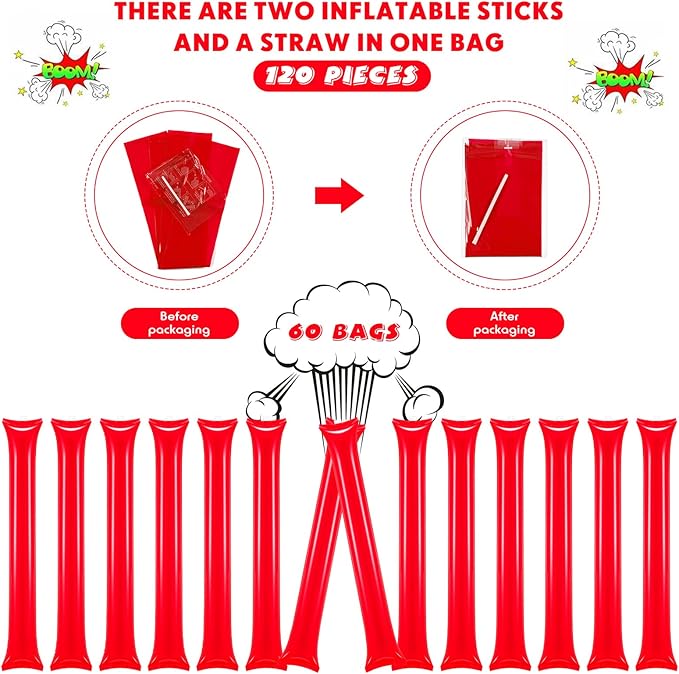 Chivao 120 Pcs Thunder Sticks Thicken Plastic Cheering Sticks Team Inflatable Noise Makers Cheerleading Sticks for Sporting Cheers Spirit Basketball Football Dance Halloween Party(Red)