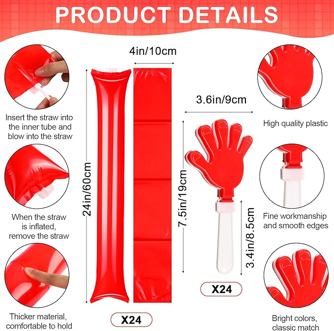 Yunsailing 96 Pcs Homecoming Noisemakers Team Spirit Accessories for Game Day Include Hand Clappers Cheerleading Pom Pom Thunder Stick Cheer Party Blower Plastic Whistle for Sport Fans(Red)