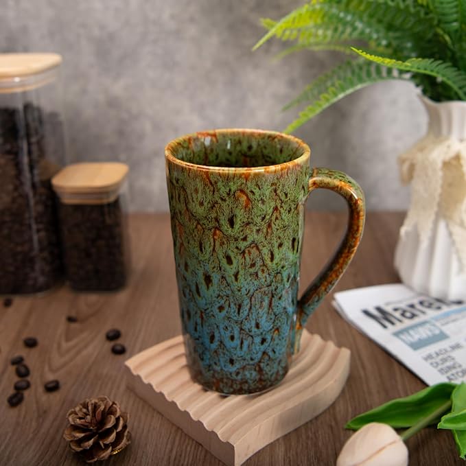 20oz Porcelain Coffee Mugs Set of 2, Large Tall Coffee Mugs with Handles, Modern Ceramic Coffee Cups for Tea, Cocoa, Milk, Gifts for Women Men - Green & Blue