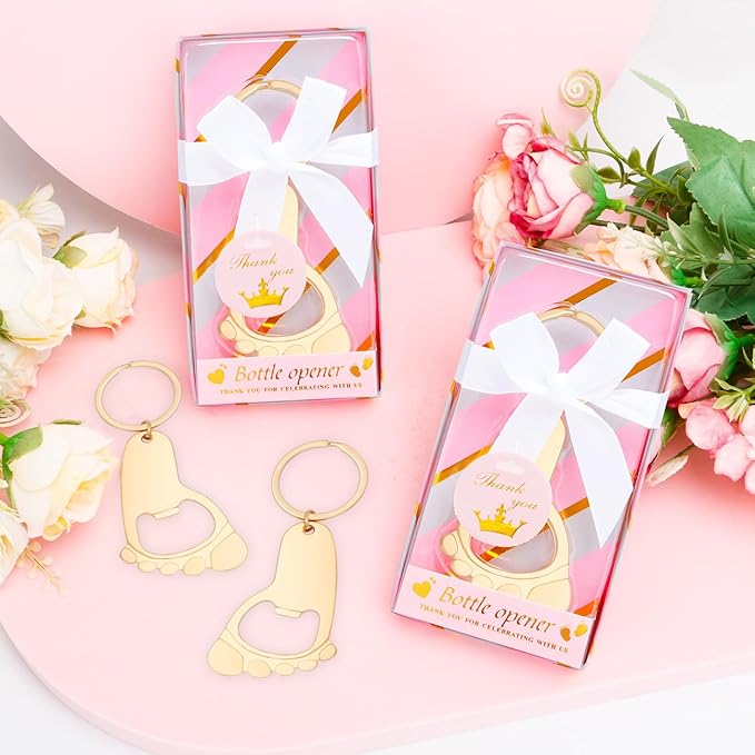 24Pcs Baby Girl Foot Keychain Footprint Bottle Openers Small Foot Bottle Opener Keychain Souvenir for Guests Baby Shower Return Gift for Party Favors with Pink Boxes Gifts or Decorations