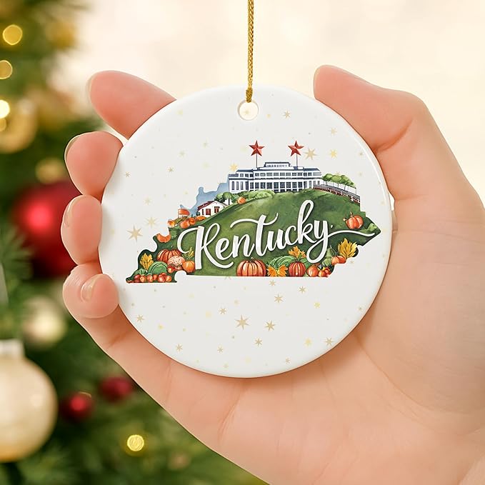 USA State Landmark Ceramic Ornament – Round Glossy Christmas Decoration Featuring U.S. State Art, Landmarks & Holiday Scenery – Collectible Travel Souvenir Ornament Series (Kentucky)