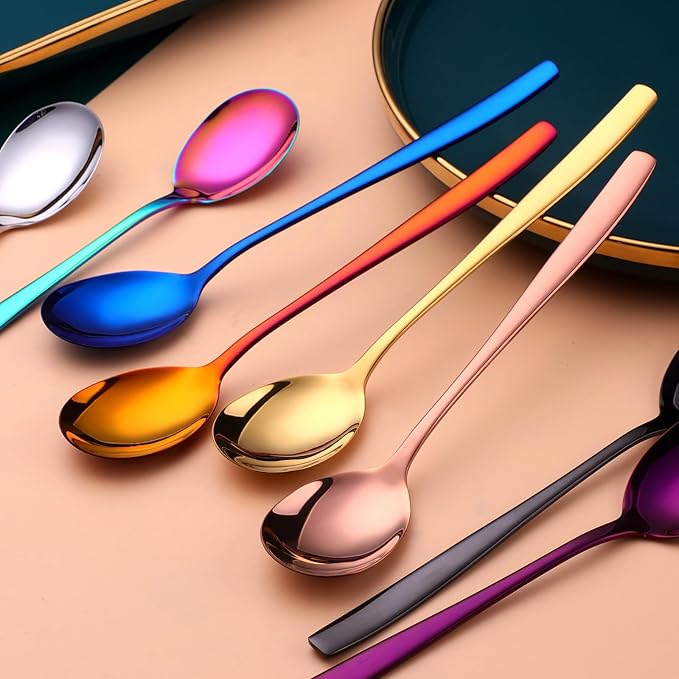 Metal Round Spoons, 8 inch Stainless Steel Reusable Long Handle Korean Soup Spoons, Table Dinner Desert Spoon Set of 8 (Orange Red)