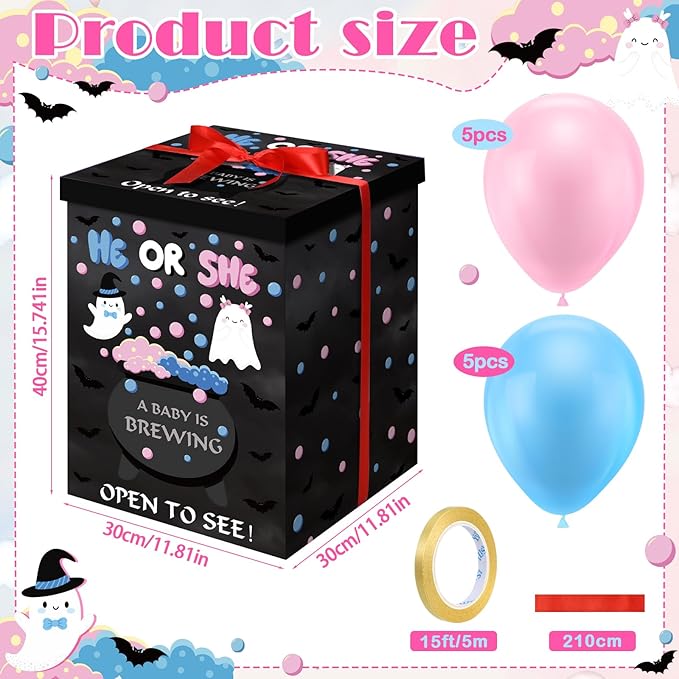 Hungdao Gender Reveal Balloon Box with Ribbon and 10 Pink and Blue Balloons Gender Reveal Games He or She Open to See for Party Decoration 12 x12 x16 (Ghost)