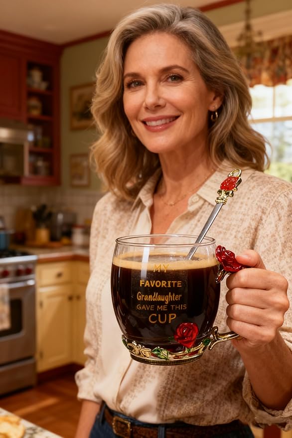 Gifts for Grandma Flower Glass Tea Cup Coffee Cup Christmas Gift from Granddaughter Grandkids Grandchildren, Birthday Mother's Day Grandparent Glass Cup Printing Gift (Grandma)