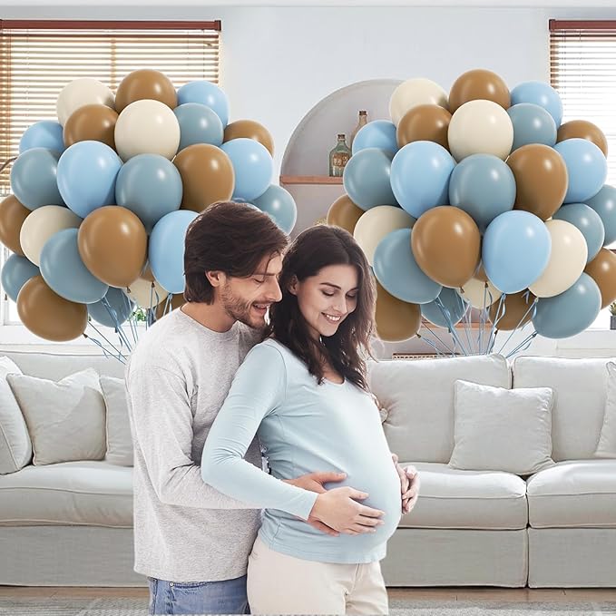 60pcs Blue and Brown Balloons 12inch with Brown Dusty Pastel Blue Sand White Balloons for One Sweet Cookie Birthday Gender Reveal Baby Shower Party Decorations