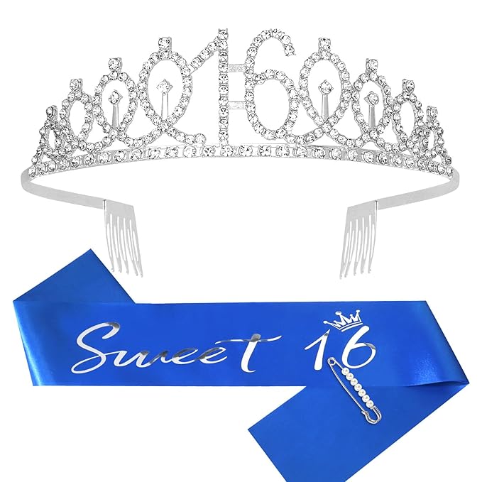 Casoty Silver Sweet 16 Birthday Sash and Crown for Girls 16th Birthday Decorations Party Supplies for Girls Sweet 16 Sash and Crown Set, Gifts for Her