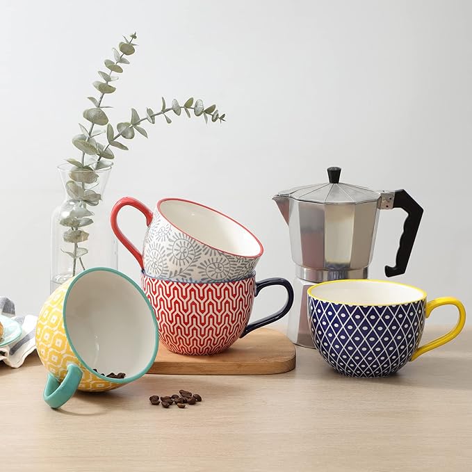 Selamica Coffee Mugs Set of 4, 24 OZ Jumbo Soup Mugs with Handles, Ceramic Coffee Cups for Cereal Latte Tea Milk Cappuccino, Dishwasher & Microwave Safe, Assorted Colors