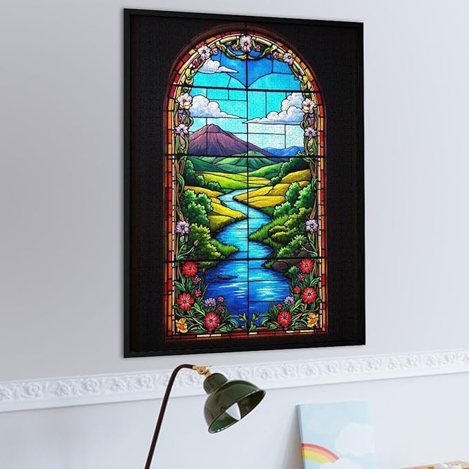 Wooden Jigsaw Puzzles - Stained Glass Window & View - 1000 Piece Jigsaw Puzzle for Adults Teenagers and Kids Educational Family Game，Home Decor，Suitable for Puzzle Enthusiasts and Collectors