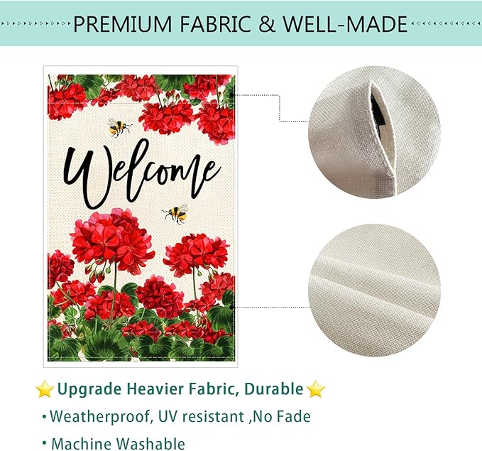 Baccessor Spring Summer Geranium Welcome House Flag Double Sided Summer Bee Red Floral Burlap Yard Flag House Seasonal Farmhouse Outside Outdoor Decoration 28 x 40 Inch（large）