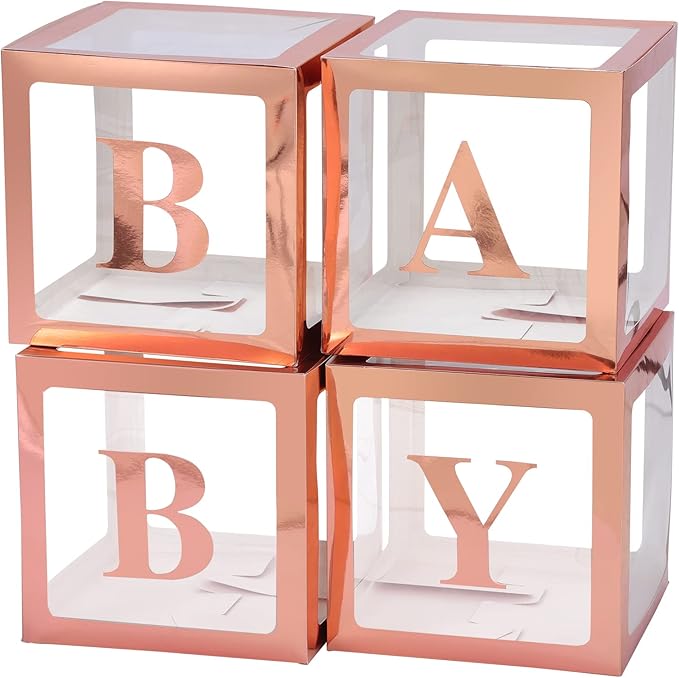 Baby Boxes with Letters for Baby Shower, Gender Reveal Decorations with 4 Transparent Balloon Boxes for Gender Reveal Baby Shower Decorations(Rose Gold)