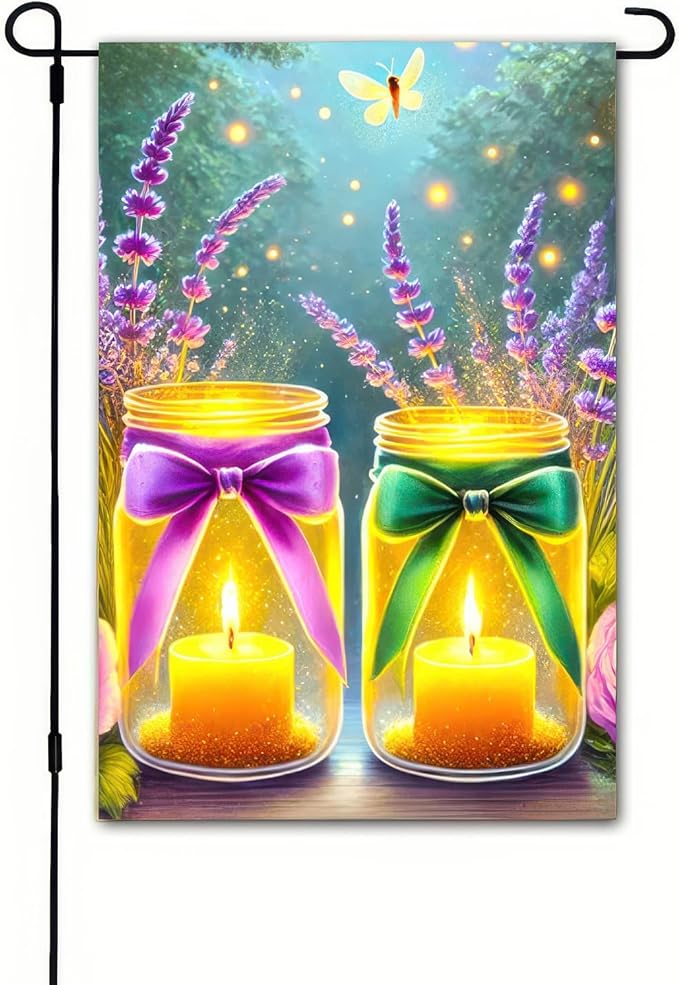 BlissYard Welcome Spring Garden Flag Double Sided 12 x 18 Inch Spring Summer Flags Glow Floral Fireflies Mason Jar Flag Holiday Yard Outdoor Lawn Farmhouse Decorations Banner (Only Flag)