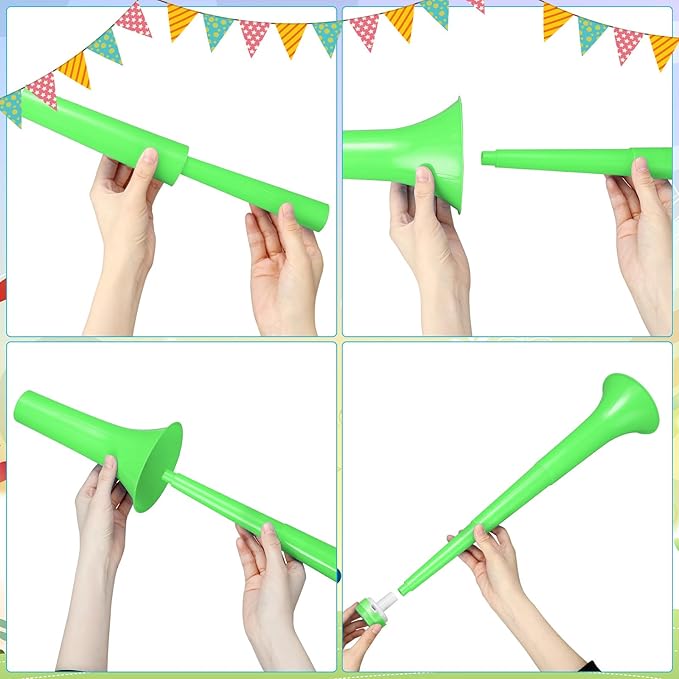 6 Pcs Stadium Horn for Adult, 21 Inch Vuvuzela Plastic Collapsible Cheering Trumpets for Sporting Events Football Carnival St Patricks Day Party, Green
