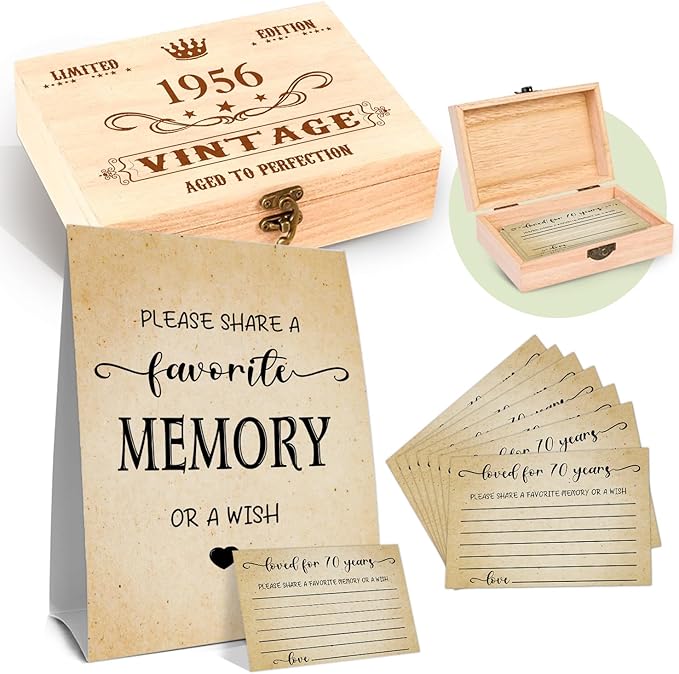 70th Birthday Party Share a Memory Set, 1956 Birthday Gifts for Women Men, 1956 Wooden Share A Memory Box with Memory Sign and 50 Pcs Memory Cards, 1956 Birthday Gifts, 70th Birthday Party Decorations