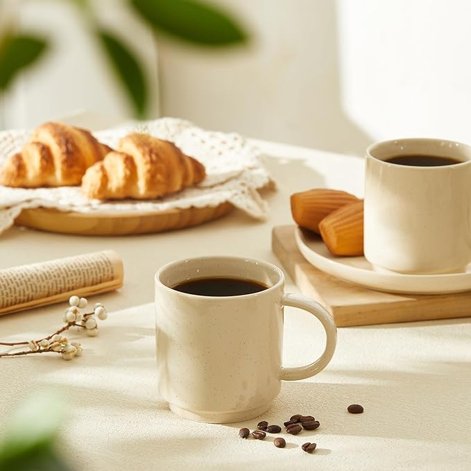 Sweese Stackable Coffee Mugs - 10 Oz Porcelain Cups for Specialty Coffee Drinks, Cappuccino, Cafe Mocha, Latte and tea, Set of 4, Beige