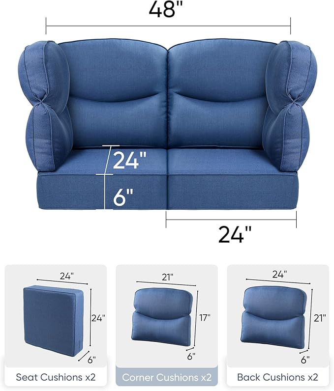 Luxury 24x24x6 Patio Cushions for Outdoor Furniture Set of 2 - Water-Repellent 6-Piece Cushion Set for Wicker Couch Loveseat Chair Sectional Patio Conversation Sets - Navy Blue/Smile