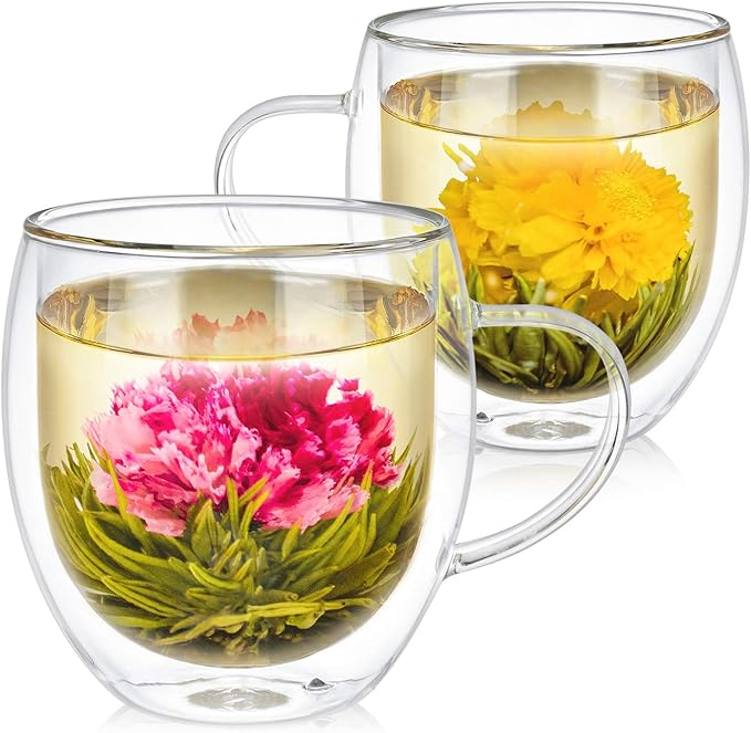 Teabloom Oversized Insulated Borosilicate Glass Mugs (17 oz / 500 ml) – Set Includes 2 Mugs + 2 Blooming Teas – Premium Quality Microwave Safe Glasses