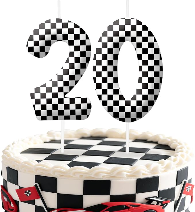Racing Cars Number 20 Birthday Candles, Black White Checkered Flag Themed Cake Topper for Boys Girls, Cake Decorations for Birthdays, Race Car Theme Party Supplies, Candles for Party Decorations