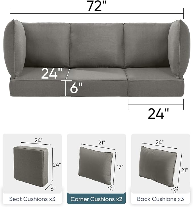 Luxury 24x24x6 Outdoor Couch Cushions Set of 3 - Water-Repellent 8-Piece Cushion Set for Outside Rattan Wicker 3-Seat Sofa Loveseat Chair Sectional Patio Conversation Sets - Grey/Classic