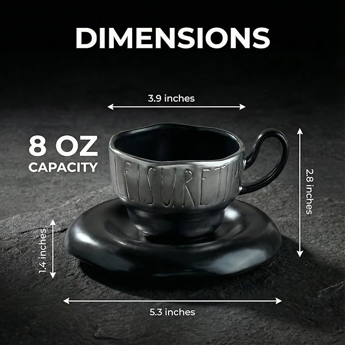 Volcanic Ash Titanium Finish Coffee Mug and Saucer Set (8 oz) | Modern Sculptural Ceramic Cup for Espresso & Latte | Unique Artisanal Home Decor & Desk Art