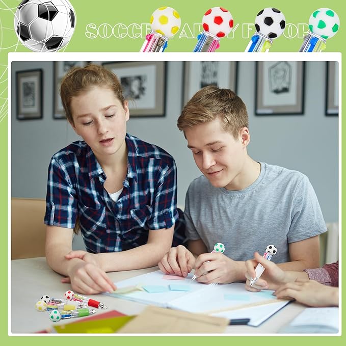 Kosiz 24 Pack Soccer Party Favors Sport Pen Multicolor 4 in 1 0.5mm Ballpoint Pen for Office Sport Lover Novelty Valentine's Day Gifts Goodie Bags Stuffers