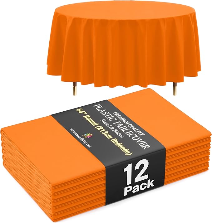 Exquisite 66% Thicker Premium Orange Round Tablecloth 0.5 Mil 12 Pack Plastic Table Cloth Disposable 84 Inch Round Plastic Tablecloth Won't Tear Easily Like Cheap Thin Brands