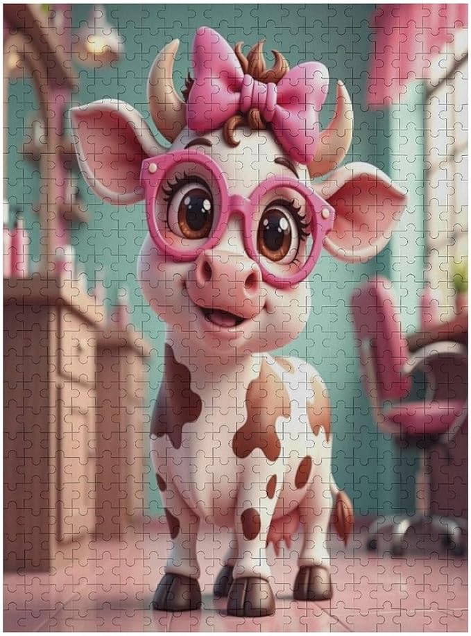 Wooden Jigsaw Puzzles - Cow with Glasses - 500 Piece Jigsaw Puzzle for Adults Teenagers and Kids Educational Family Game，Home Decor，Suitable for Puzzle Enthusiasts and Collectors