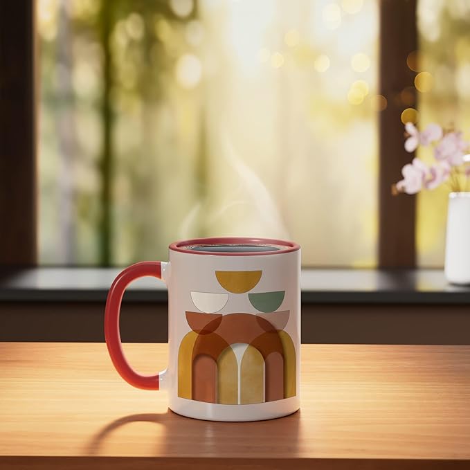 Mid-Century Modern Abstract Landscape Earthy Boho Arches Ceramic Mug, Red/White